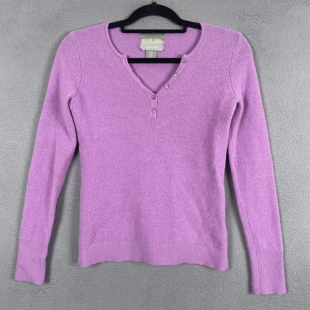 Wicked Wool Sweater Womens Small Purple Henley V-Neck 100% Merino Wool